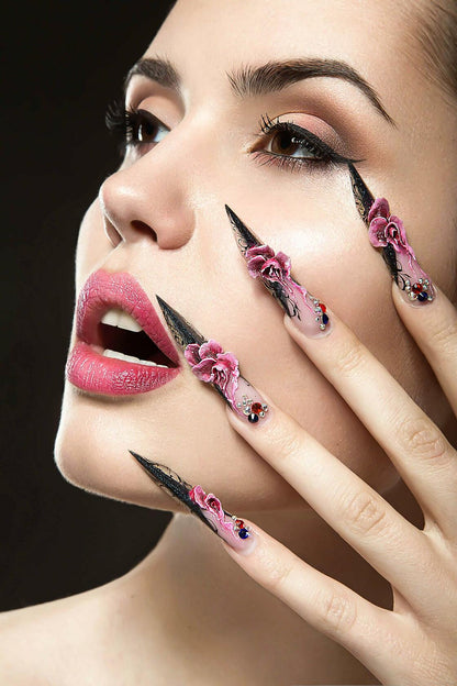 RUOKEXIN Almond Medium Pink Press On Nails Silver Glitter White Tips 24pcs