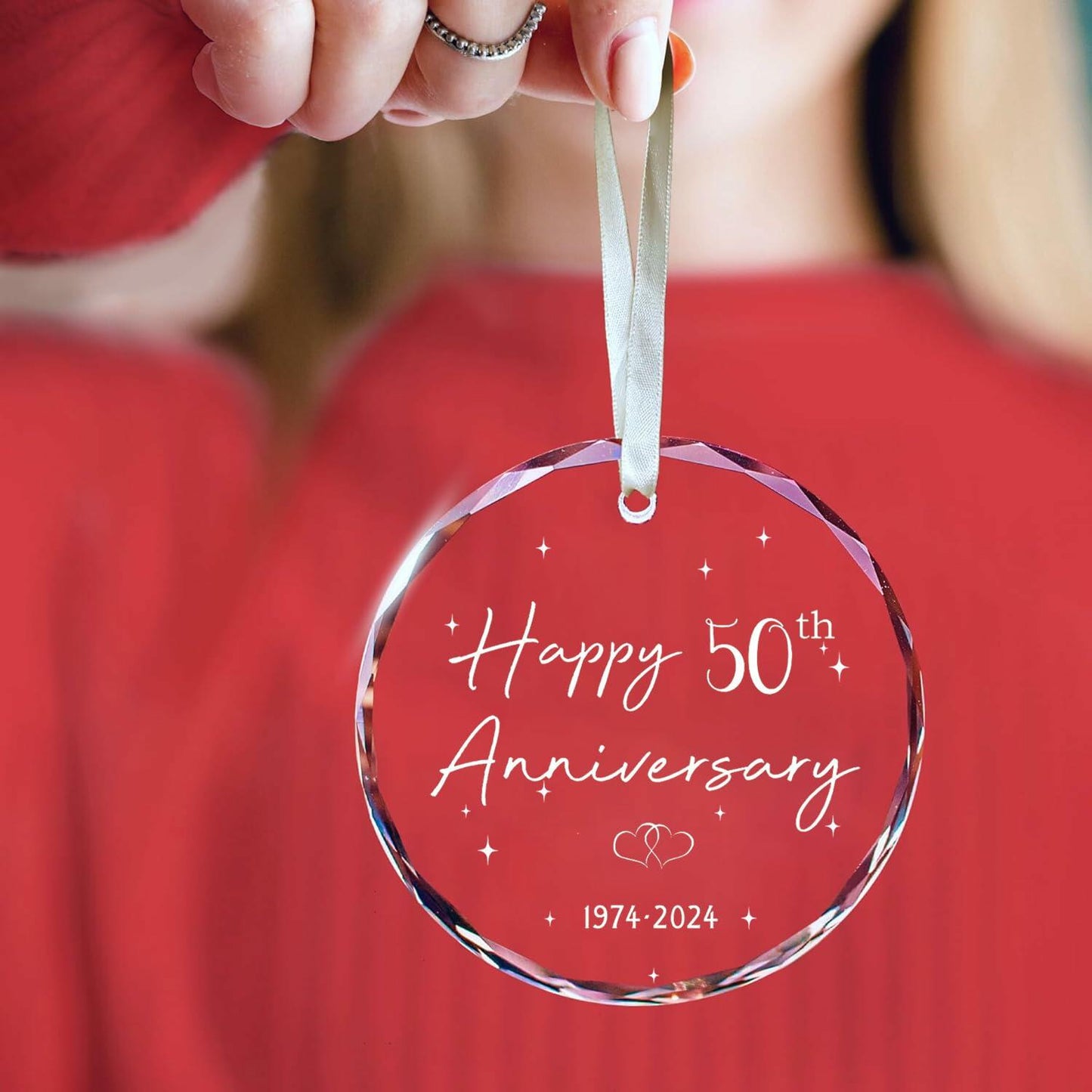 50th Anniversary Glass Wedding Ornament Keepsake Gift for Couple 3 Inch