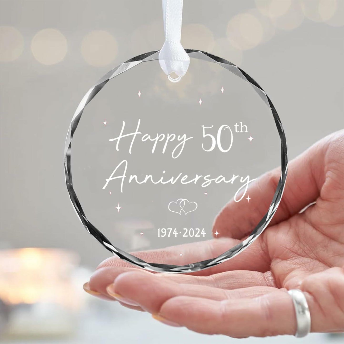 50th Anniversary Glass Wedding Ornament Keepsake Gift for Couple 3 Inch