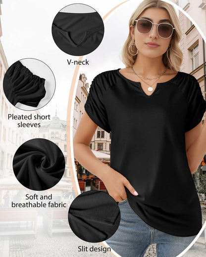 AURUZA Women's V Neck Short Sleeve Casual Shirt Blue Size S