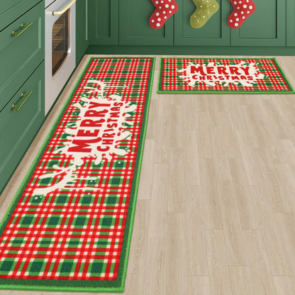 BEQHAUSE Christmas Kitchen Rugs Buffalo Plaid Non Slip Washable 17x30+17x59