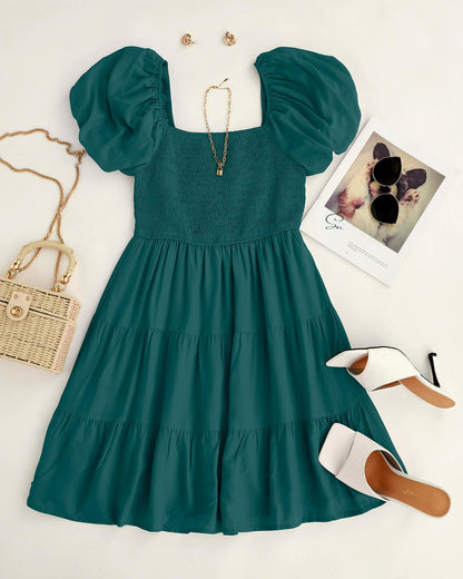 ZESICA Women's Boho Puff Sleeve Smocked Mini Dress Teal Size Small 2025