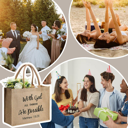 4 Pack Church Mother's Day Burlap Tote Bags 15.3x12x6 Inch Brown Handle