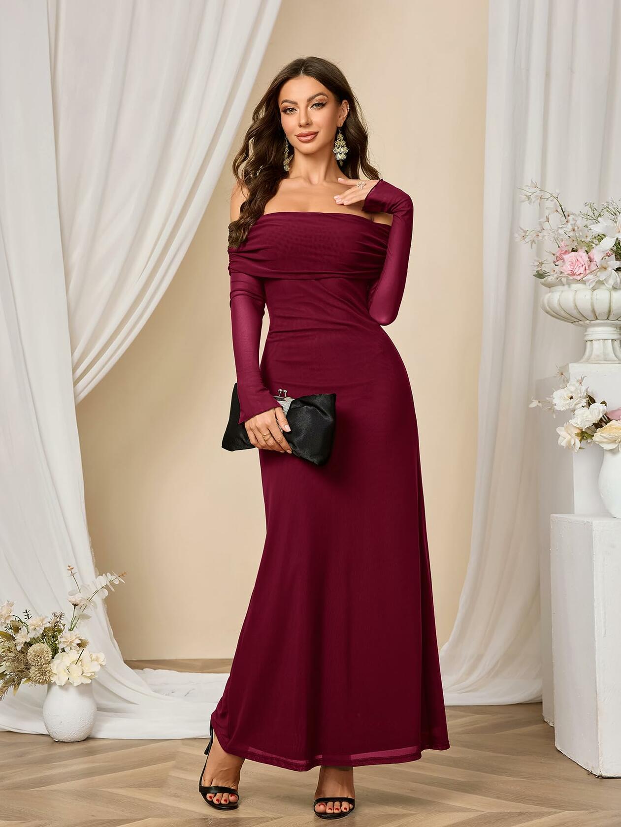 Colysmo Women Off Shoulder Mesh Bodycon Maxi Dress Burgundy Size XL