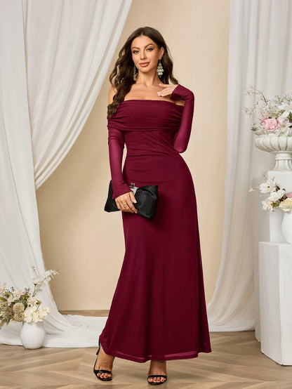 Colysmo Women Off Shoulder Mesh Bodycon Maxi Dress Burgundy Size XL