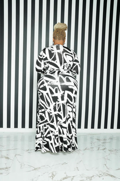 BFFBABY Sexy Wrap V Neck 3/4 Sleeve Chain Print Maxi Dress with Belt Size 5XL