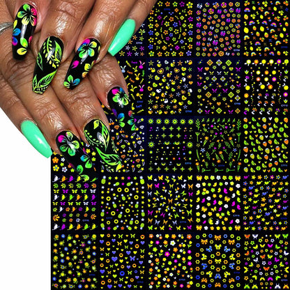 Fluorescent Nail Art Stickers 24 Sheets 3D Butterflies Stars Flowers DIY