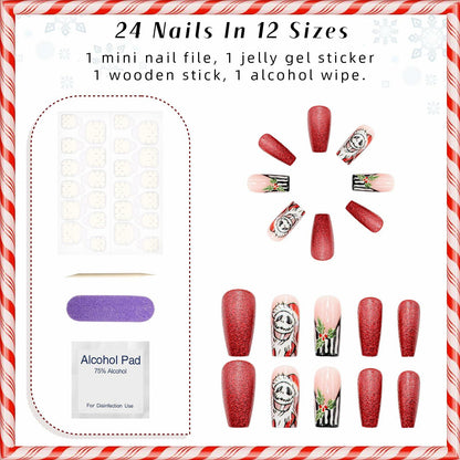 24Pcs Christmas Press On Nails Medium Square Acrylic False Nails Xmas Design