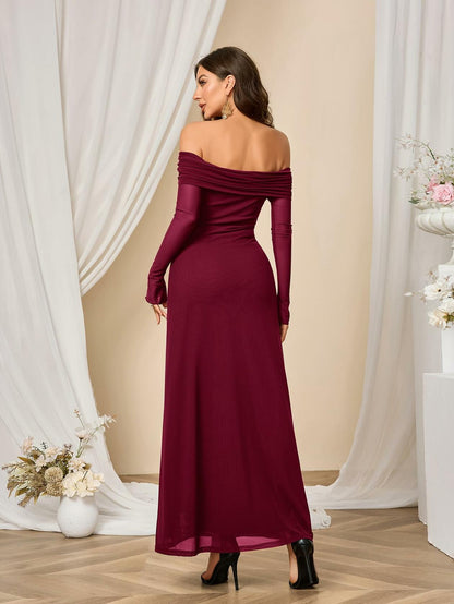 Colysmo Women Long Sleeve Mesh Off Shoulder Bodycon Maxi Dress Burgundy Size L