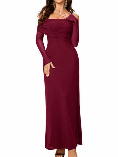 Colysmo Women Long Sleeve Mesh Off Shoulder Bodycon Maxi Dress Burgundy Size L