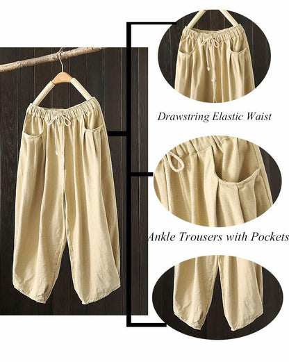 Minibee Womens Wide Leg Capri Pants Drawstring Waist Pockets Beige Size L