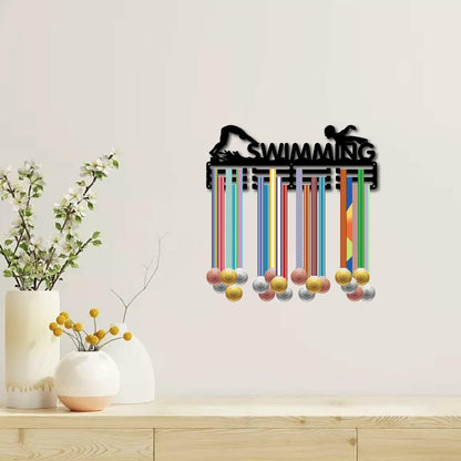 CREATCABIN Metal Swimming Medal Holder Rack Wall Mount Black 15.7x6in
