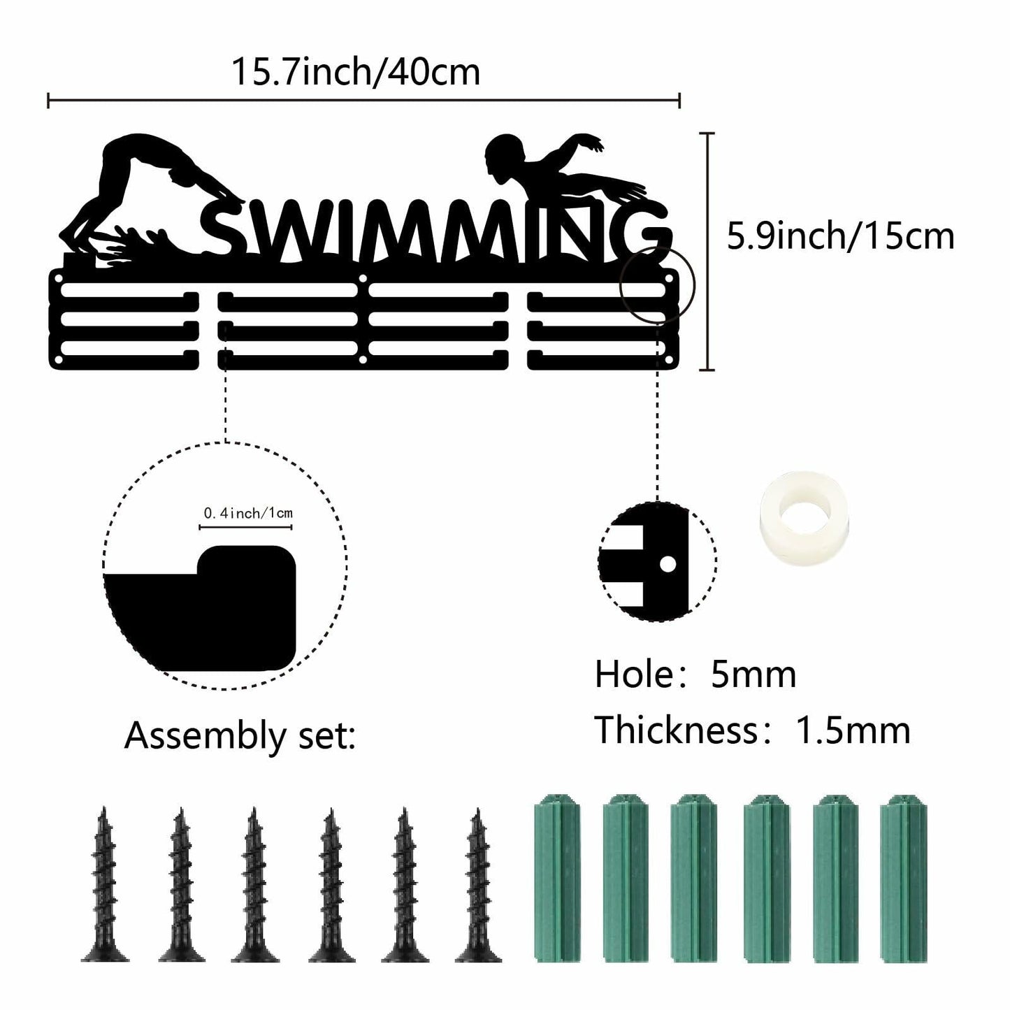 CREATCABIN Metal Swimming Medal Holder Rack Wall Mount Black 15.7x6in