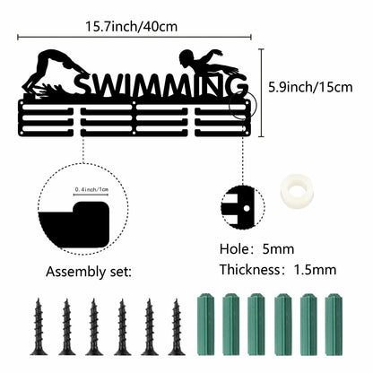 CREATCABIN Metal Swimming Medal Holder Rack Wall Mount Black 15.7x6in