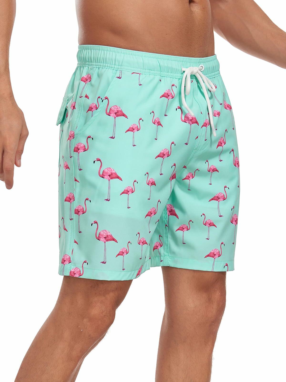 SHEKINI Men’s Swim Trunks Quick Dry Compression Lined Pockets Light Green M