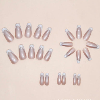 French Tip Press On Nails Short Square Pink Nude Glossy 24Pcs