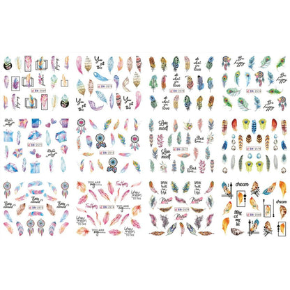Feather Nail Water Sticker Decals Dream Catcher Colorful 12PCS Nail Art
