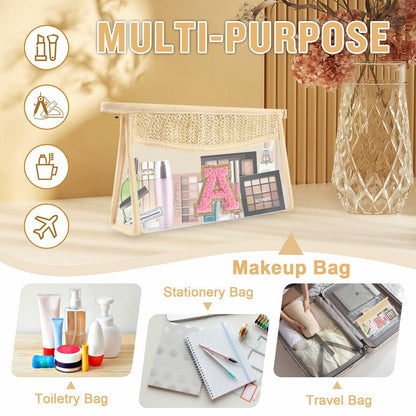 Personalized Initial Small Boho Straw Clear Makeup Bag Waterproof PVC Travel