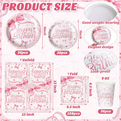 Coquette Pink Bow Birthday Party Supplies 216 Pcs Plates Napkins Set