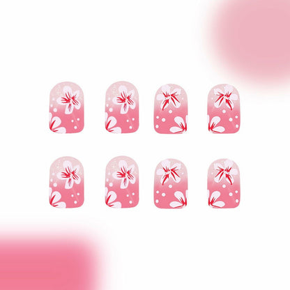 24Pcs Pink Gradient Press On Nails Short Floral Fake Nails with Glue Women