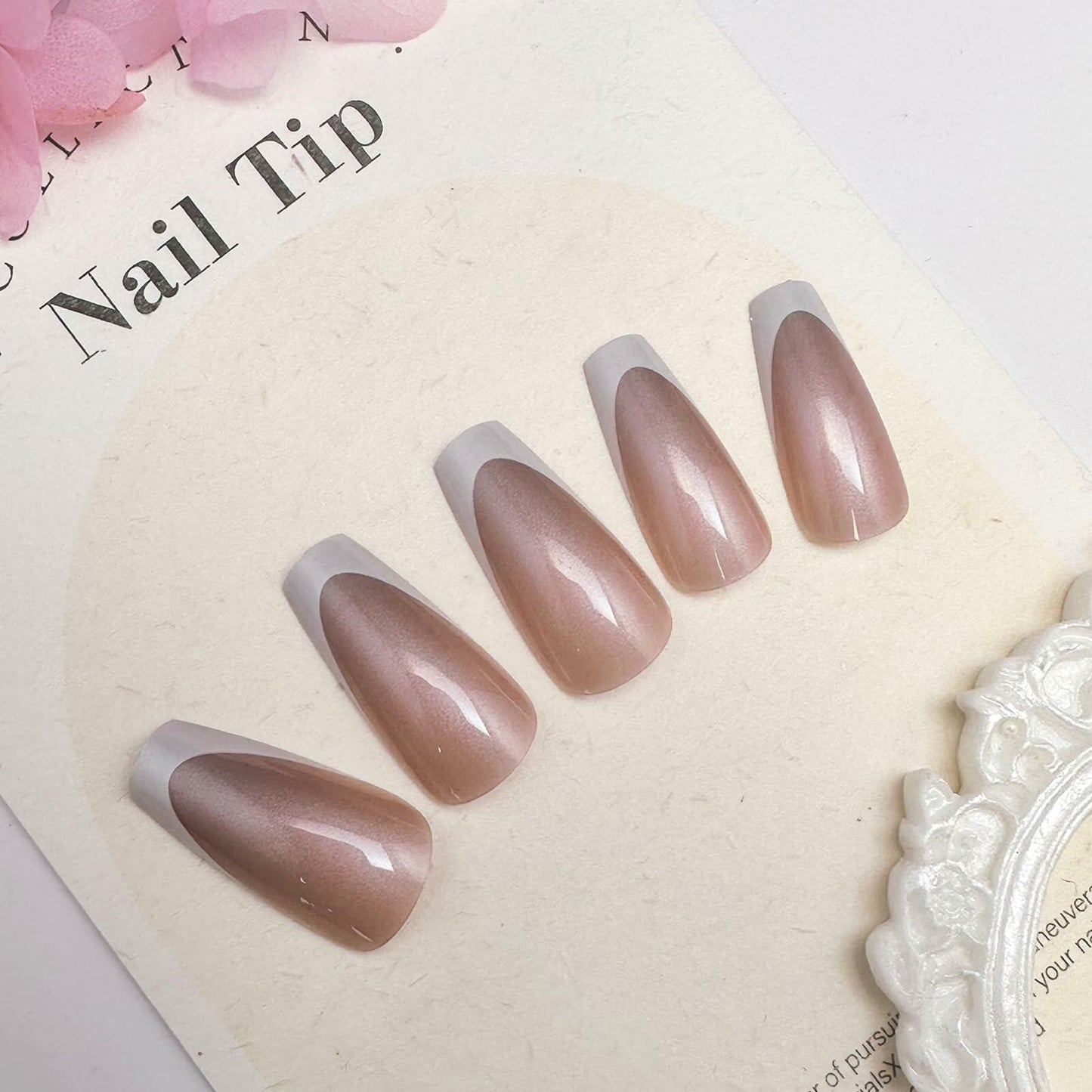 French Tip Press On Nails Short Square Pink Nude Glossy 24Pcs