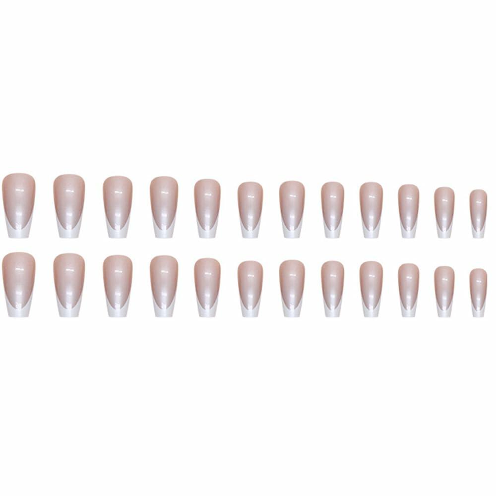 French Tip Press On Nails Short Square Pink Nude Glossy 24Pcs