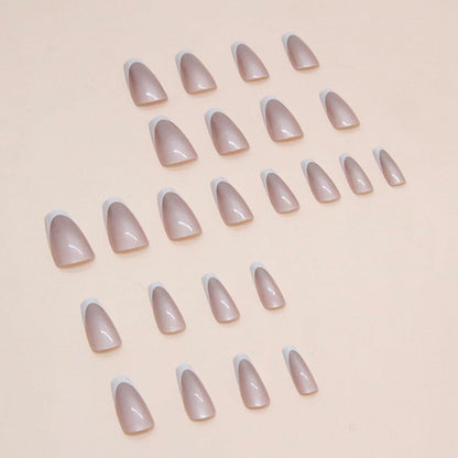 French Tip Press On Nails Short Square Pink Nude Glossy 24Pcs