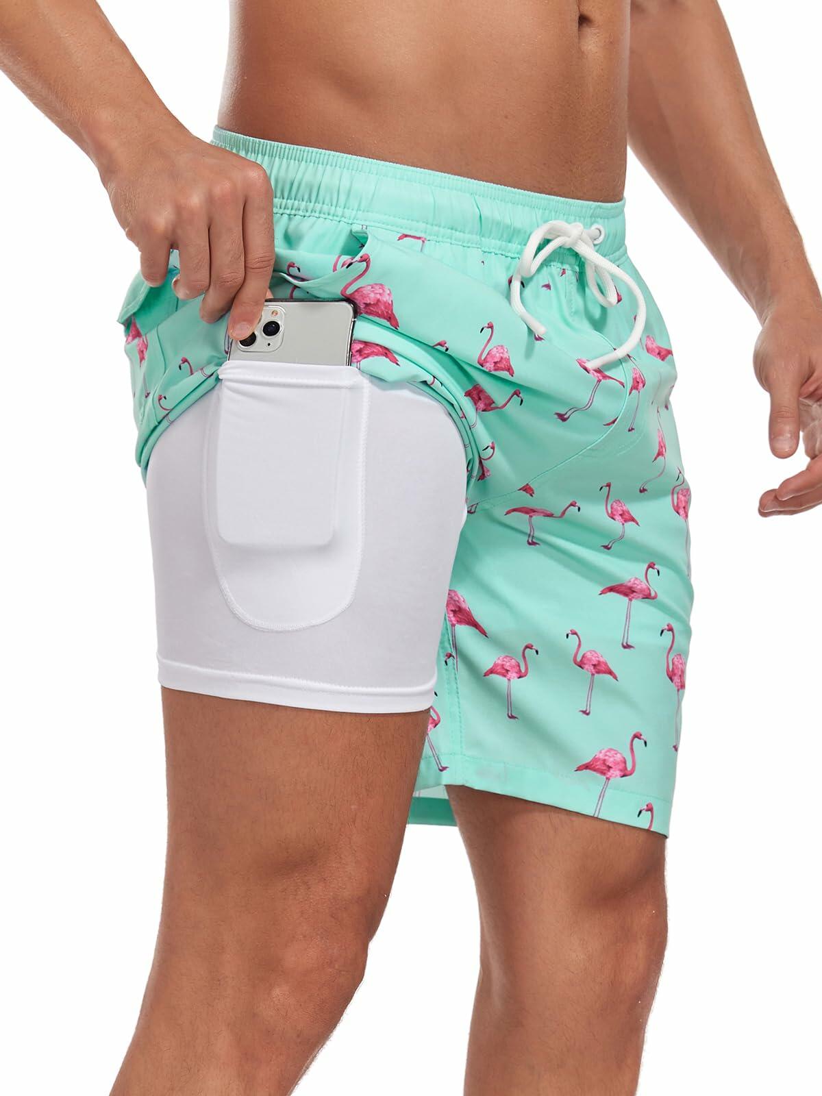 SHEKINI Mens Swim Trunks Compression Lining Quick Dry Pockets Light Green Size L