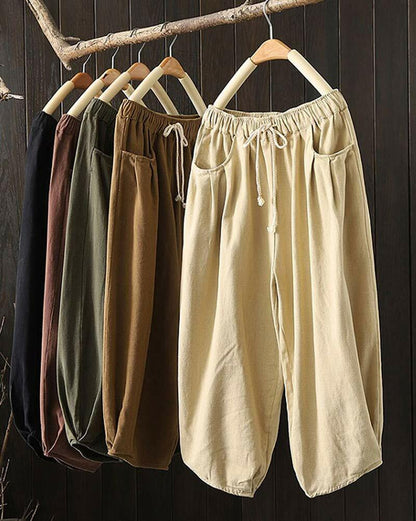 Minibee Womens Wide Leg Capri Pants Drawstring Waist Pockets Beige Size L