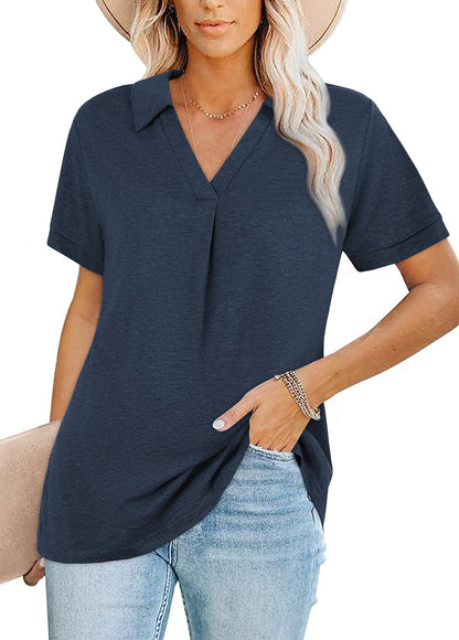 Women's Collared V Neck Polo T Shirt Plus Size Loose Fit Deep Blue Size S