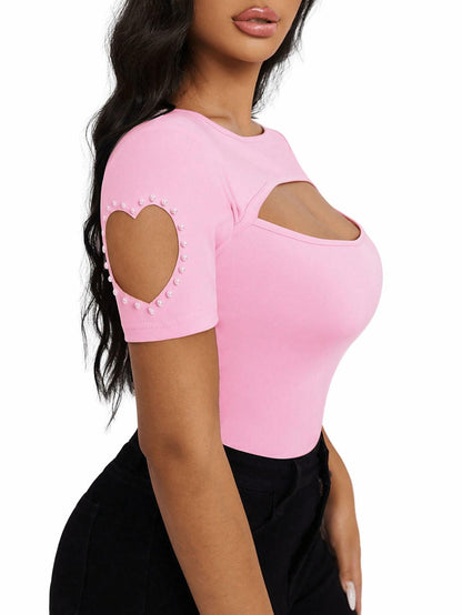 SOLY HUX Women's Beaded Cut Out Short Sleeve Tee Pink Size M