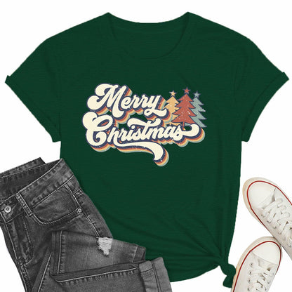 Vintage Merry Christmas Shirt Women Holiday Xmas Tee Tops Green Size S