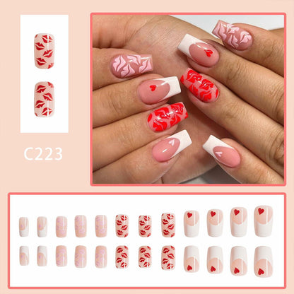Valentine's Day Press On Nails Medium Square Red Lips Pink Heart French Tip