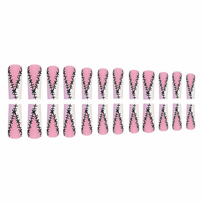 RIICFDD Halloween Fake Nails 24 Pcs Coffin Pink French Tip Ghost Designs