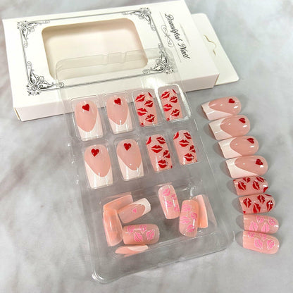 Valentine's Day Press On Nails Medium Square Red Lips Pink Heart French Tip