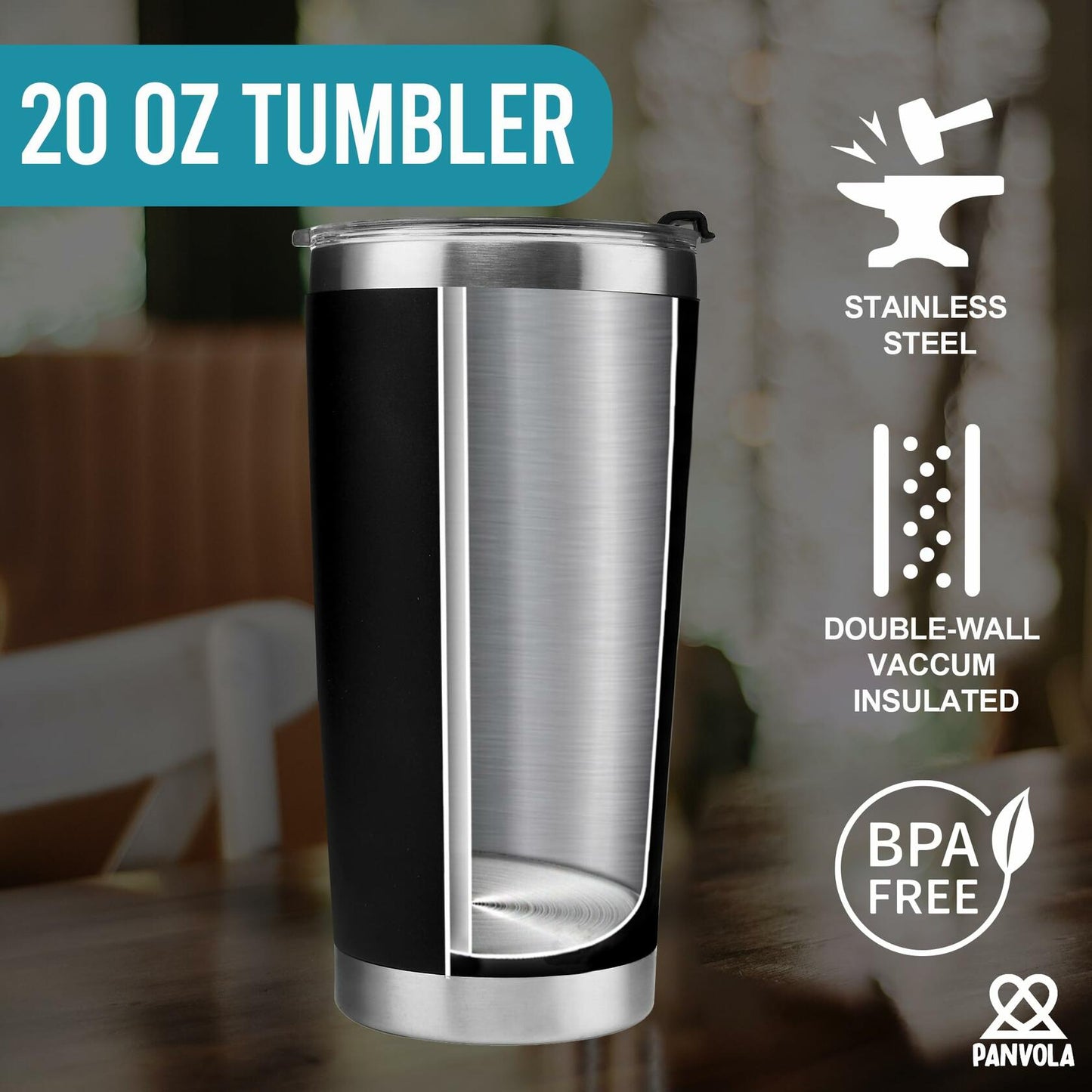 Panvola Vacuum Insulated Tumbler Stainless Steel 20oz Black