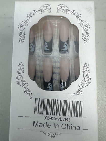 RIICFDD Halloween Fake Nails 24 Pcs Coffin Pink French Tip Ghost Designs