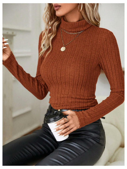 RoseSeek Women's Ribbed Knit Long Sleeve Tee Rust Brown Size Small