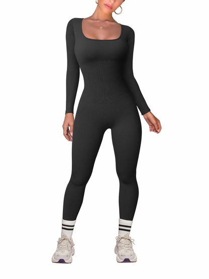 TOB Women Yoga Jumpsuit Ribbed Long Sleeve Square Neck Black Size L