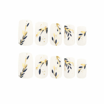 RUOKEXIN Acrylic Coffin Nails 24Pcs Red Blue Flower Gold Rhinestones Glossy
