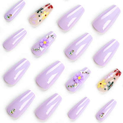 LPOODDNU Press On Nails Medium Coffin Glossy Purple 24Pcs Spring Daisy