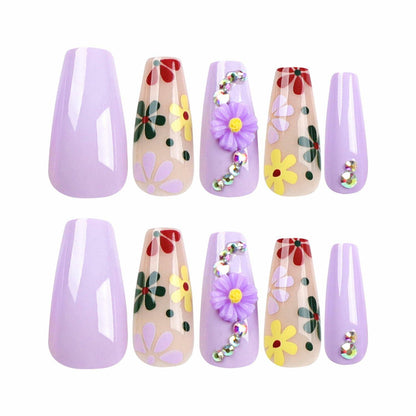 LPOODDNU Press On Nails Medium Coffin Glossy Purple 24Pcs Spring Daisy