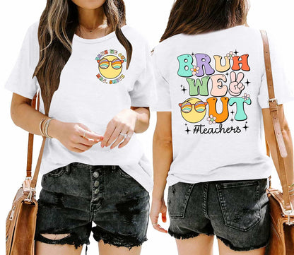 Teacher Shirts Women Last Day of School Bruh Letter Print White Size S