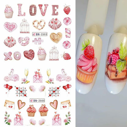 Valentines Day Nail Stickers 12 Sheets Heart Lip Flower Nail Art Pink