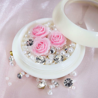 Valentine's Day Pink Flower 3D Nail Art Charms Pearls Rhinestones 1 Box
