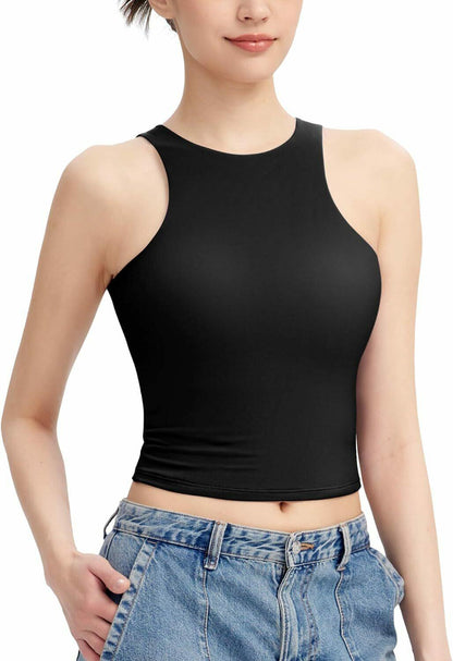 HOCILLE Women's Sexy Racerback Ribbed Crop Tank Top Black Size XS