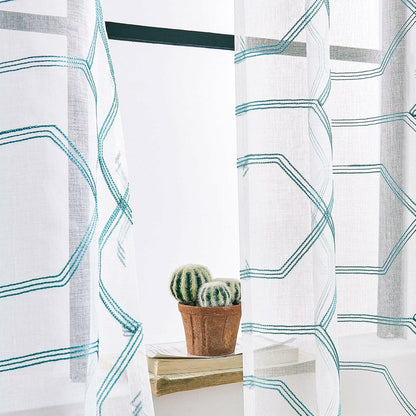 WANSOUL Blue Pattern Sheer Curtains 2 Panels 84in Teal Blue Moroccan Design