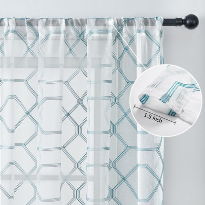 WANSOUL Blue Pattern Sheer Curtains 2 Panels 84in Teal Blue Moroccan Design