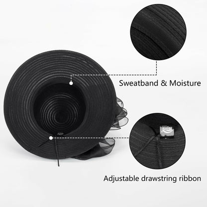 Kentucky Women Organza Sun Hat with Bow Black Wedding Tea Party Fascinator