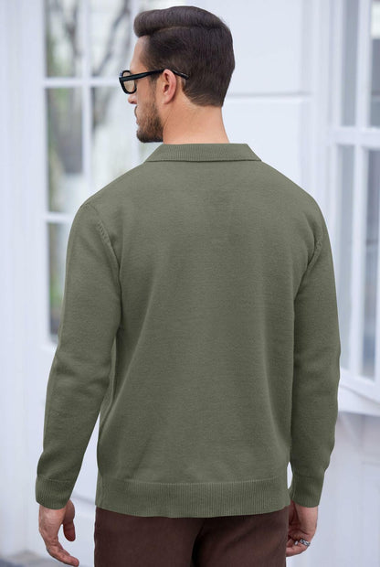 Herberton Men's Polo Sweater Pullover V Neck Long Sleeve Grey Size L